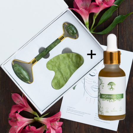 Jadeiidist rulliku ja Gua Sha kivi KOMPLEKT + Moringa õli