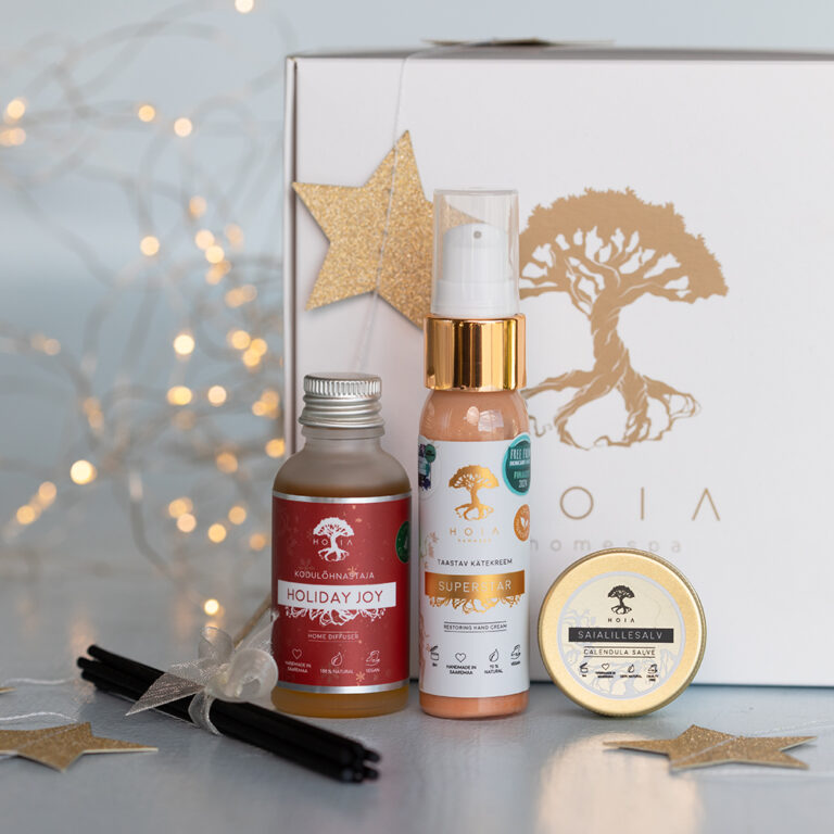 HOIA &auml;rikingitus nr 1: Kodul&otilde;hnastaja HOLIDAY JOY 30 ml, K&auml;tekreem SUPERSTAR 30 ml, Saialillesalv 15 ml