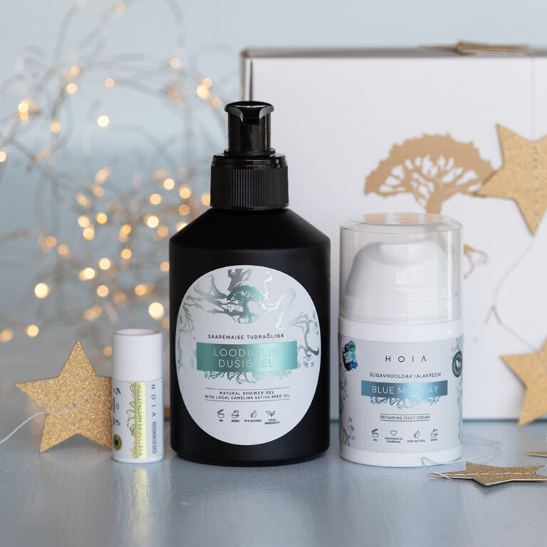 HOIA &auml;rikingitus nr 3: Looduslik Du&scaron;igeel 200 ml, Huulepalsam 5,5 ml, Jalakreem BLUE MONDAY 50 ml